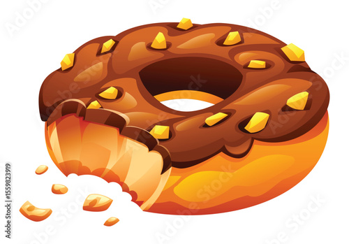 Delicious chocolate frosted donut with golden caramel chunks and missing bite, revealing its tasty inside. Vector cartoon illustration