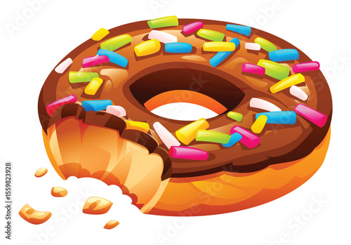 Tempting chocolate frosted donut with colorful sprinkles and a missing bite, showing its delicious soft interior. Vector cartoon illustration
