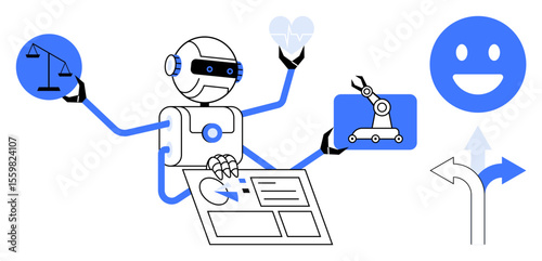Robot multitasking, holding justice scale, heart, robotic arm, smiling face, and interface panel. Ideal for AI, robotics, decision-making healthcare automation ethics simple landing page
