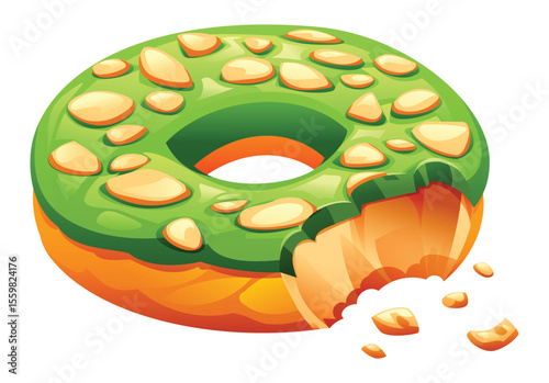 Delicious donut with matcha icing and crunchy almond toppings, with a bite taken out, crumbs falling. Vector cartoon illustration
