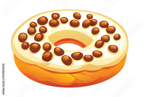 Delicious donut with vanilla icing and many chocolate chips. Vector cartoon illustration