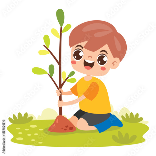 Cartoon Kid Gardening At Nature