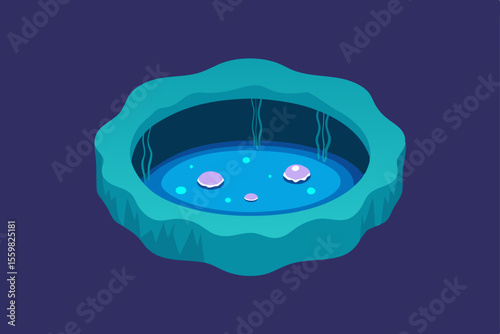 Isometric Underwater Illustration: An enchanting isometric illustration features an underwater scene, showcasing a serene pool of water with subtle bubbles and a few seashells at the bottom.