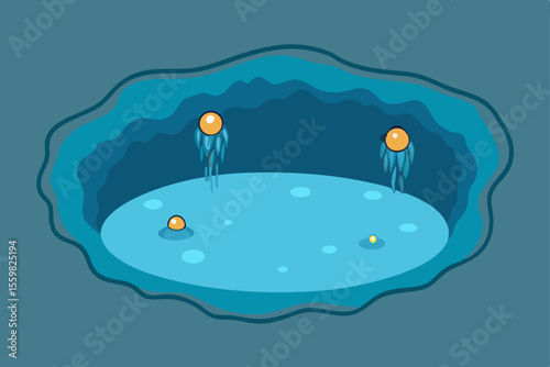 Jellyfish Bloom in Blue Cavern: A serene, stylized illustration of jellyfish gracefully swimming in a tranquil blue cavern, creating an underwater dreamscape.