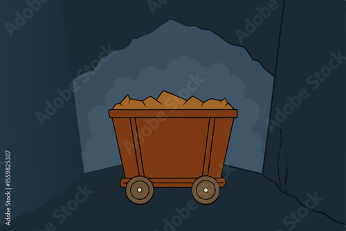 Mining Cart in Darkness: A lone, heavily laden mining cart stands in the darkness, evoking the hard work, and solitary nature of the industry