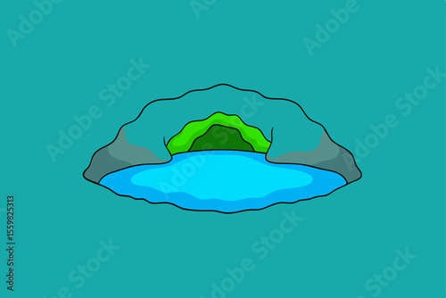 Cave Illustration: A vibrant cartoon illustration of a cave opening with a body of water at the entrance, set against a turquoise backdrop.