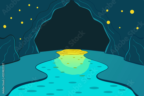 Mystical Cave Entrance: Journey into an unknown cave entrance, a gateway to the unknown where a river of gold weaves through a mysterious environment.