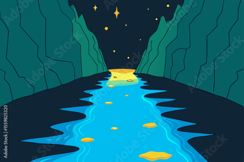 Starlight River Journey: A serene, animated illustration of a river flowing through majestic mountains under a star-studded night sky. The scene evokes tranquility and a sense of adventure.