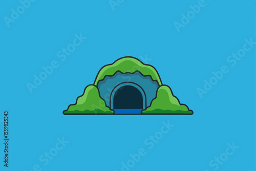 Cave Entrance: A graphic depiction of a cave opening, framed by verdant flora and set against a cerulean backdrop, beckons viewers to explore the mysteries within.