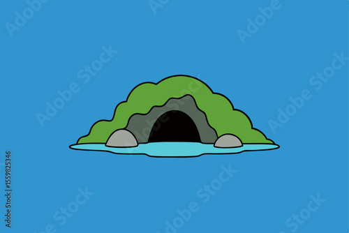 Island Oasis: A vibrant illustration of a secluded island, with a verdant hill giving way to a hidden cave, resting serenely on a vast expanse of water.