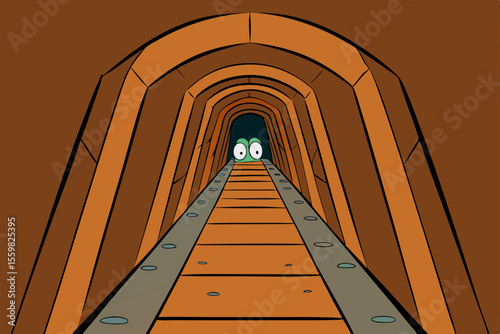 Tunnel Vision: A cartoon illustration of a mysterious tunnel with a set of cartoon eyes staring down the tracks, symbolizing hidden potential and an intriguing journey.