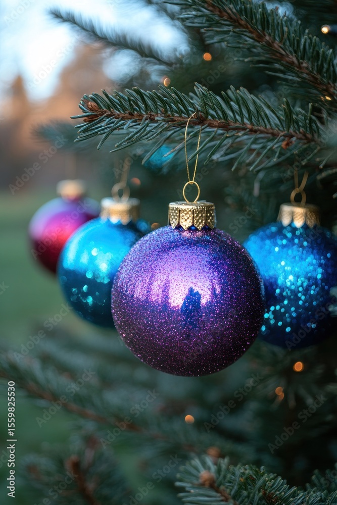 Naklejka premium Colorful Christmas ornaments on a pine tree branch