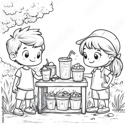 A coloring page showing children operating a lemonade stand with pitcher and cups generative ai