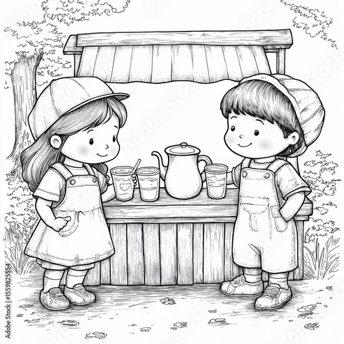 A coloring page showing children operating a lemonade stand with pitcher and cups generative ai