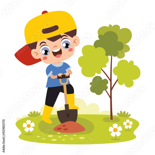 Cartoon Kid Gardening At Nature
