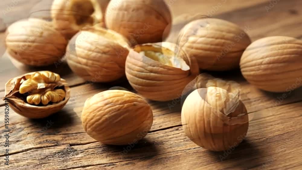 Close-up of cracked walnuts on rustic wooden surface, showcasing rich textures and natural colors
