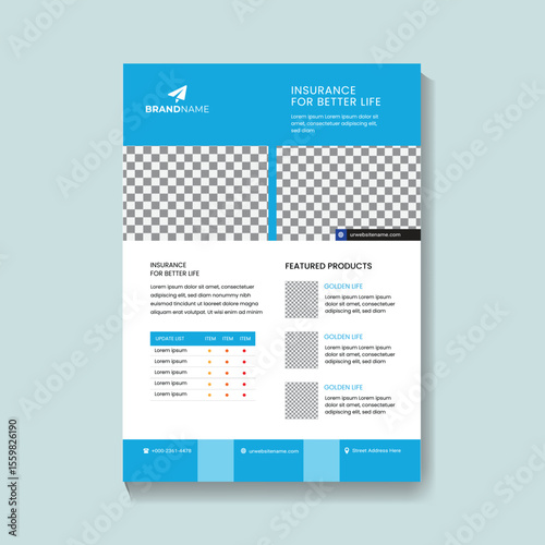 Insurance for better life brochure template with featured products and contact information