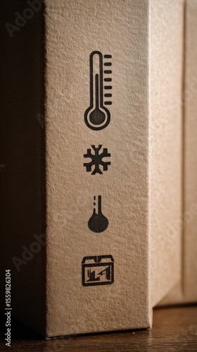 Close-up of cardboard packaging with printed symbols for temperature sensitivity and fragile handling ideal for cold chain logistics, shipping safety instructions and specialized delivery content photo