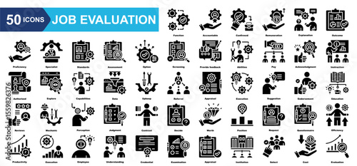 Job Evaluation icon collection set.Function,Accountable,Confirmed,Remuneration,Explanation,Outcome,Proficiency.Simple vector illustration.