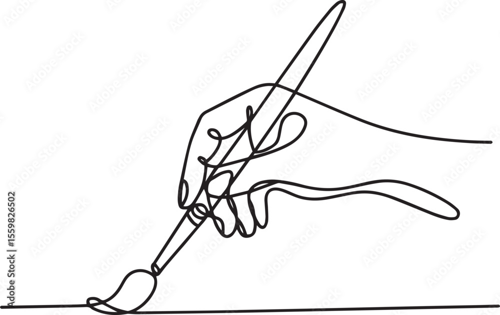continuous line drawing of a hand holding a paintbrush with tip touching surface in artistic black and white line illustration