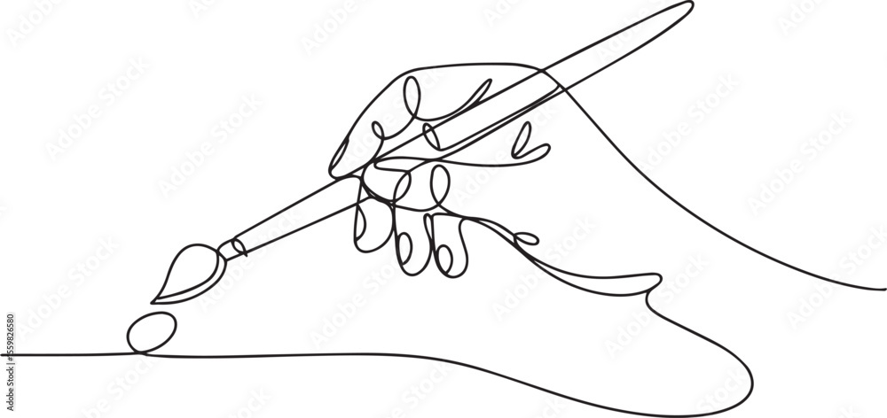 continuous line drawing of a hand holding a paintbrush with tip touching surface in artistic black and white line illustration