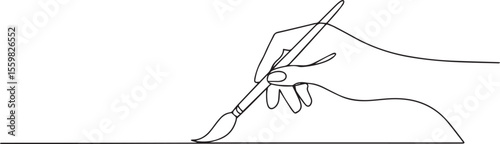 continuous line drawing of a hand holding a paintbrush with tip touching surface in artistic black and white line illustration