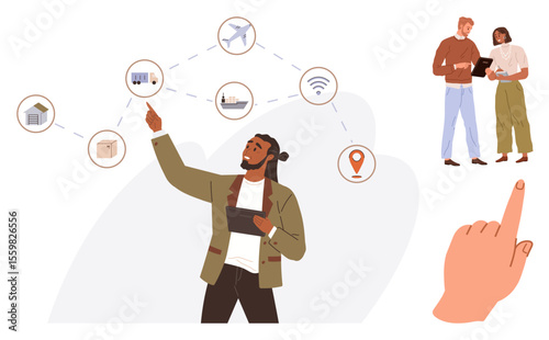 Man presenting logistics flow with icons for transport, connectivity, and delivery. Two people review information on a tablet. A hand gestures toward teamwork. Ideal for logistics, planning