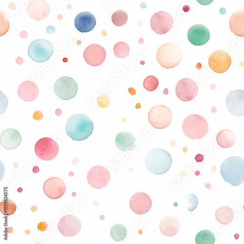 Seamless watercolor polka dot pattern. Playful and versatile vector pattern of scattering of hand-painted watercolor polka dots in a variety of soft colors, including blush pink, lavender, mint green