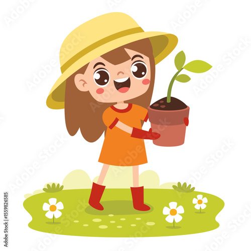 Cartoon Kid Gardening At Nature