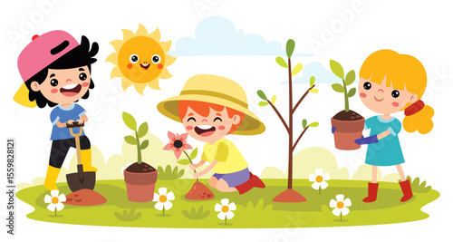 Cartoon Kid Gardening At Nature