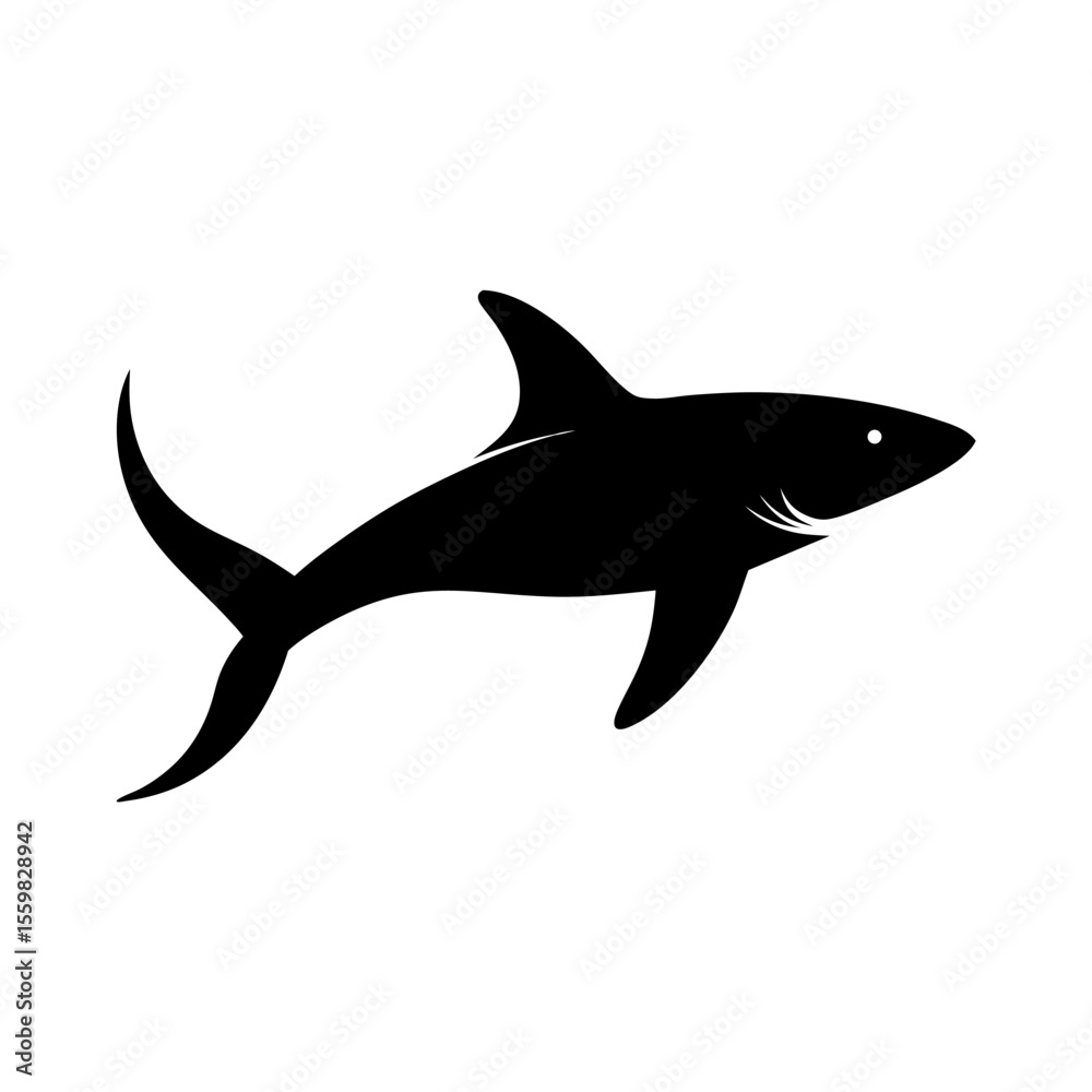 Obraz premium Simple Black Silhouette of a Shark Swimming on a White Background Marine Life and Ocean Predator Concept