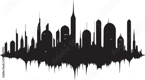 Black vector silhouettes of London's urban skyline with towering buildings and classic architecture illustrate a panoramic European city view.