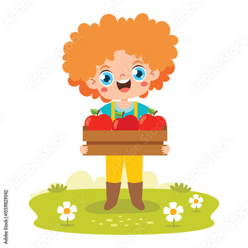 Cartoon Kid Gardening At Nature