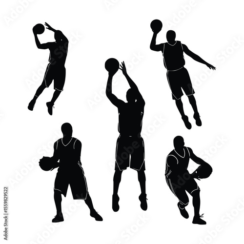 basketball player silhouette with different pose, vector black and white