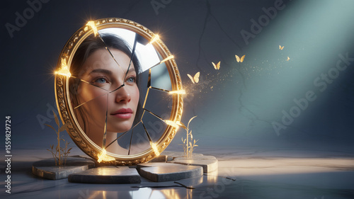 Woman's face in a shattered mirror with glowing butterflies emerging from the cracks