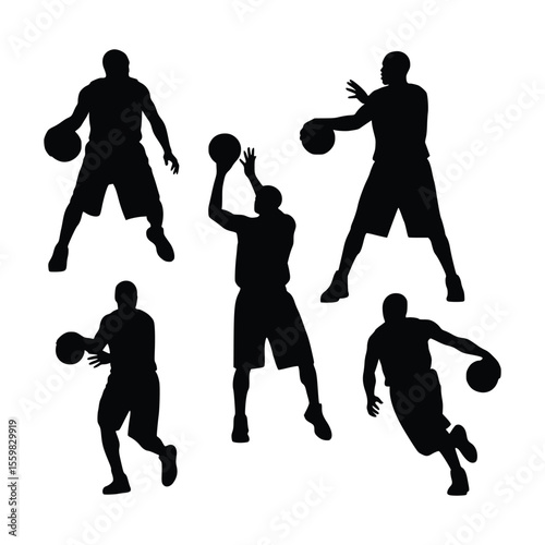 basketball player silhouette with different pose, vector black and white illustration