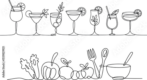 A diverse and appealing collection of drinks and food items are artfully arranged in two continuous line drawings. 