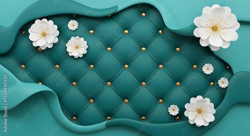 Fototapeta premium Luxury turquoise quilted background with gold studs and white paper flowers stock photo image