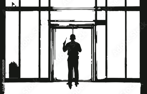 Silhouette of a businessman standing behind bars in a prison, a person in a dark office building window.
