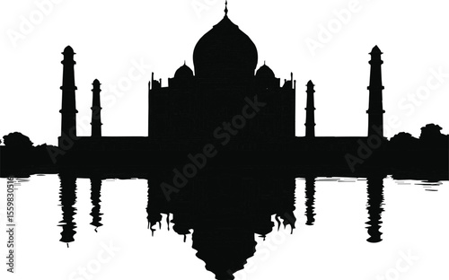 Taj Mahal Agra India silhouette, a travel illustration of the iconic mosque and temple architecture at sunset.