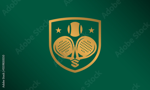 Minimal padel logo. Sport symbol with gold racket and ball for club or padel tournament. Minimalist sports vector illustration