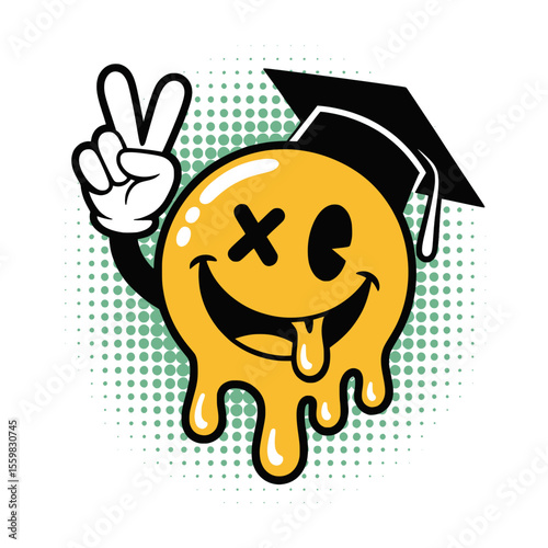 Graduation Dripping Smiley Face Peace Sign Art, Fun yellow dripping smiley face wearing a graduation cap and showing a cartoon peace sign, perfect for modern graduation and celebration themes.

