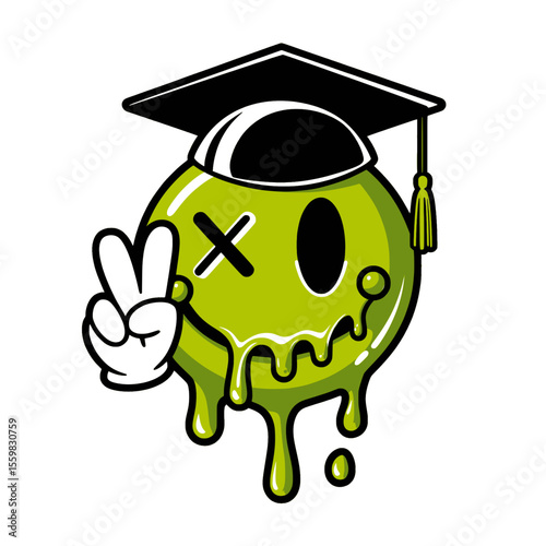 Graduation Slime Smiley Face Peace Cartoon Art, Playful green dripping slime smiley face with graduation cap and peace sign hand, perfect for quirky, fun graduation or achievement themes.

