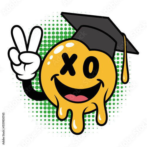 Graduation Dripping Smiley Face Peace Sign Art, Fun yellow dripping smiley face wearing a graduation cap and showing a cartoon peace sign, perfect for modern graduation and celebration themes.

