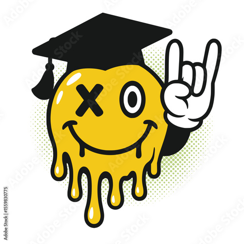 Graduation Dripping Smiley Face Rock Hand Art, Playful yellow dripping smiley face with graduation cap and cartoon hand making the rock gesture, perfect for fun and modern celebration designs.

