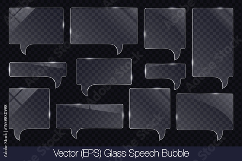 Realistic 3D transparent glass speech bubble in square and rectangle shape with glare, flat glass or plastic plate, flat transparent glass lens, realistic screen glass, window mockup
