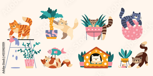 Cats playing with plants toys and furniture in a playful cartoon illustration