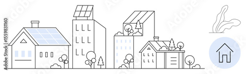 Urban and suburban homes with solar panels, rooftop gardens, and green spaces. Ideal for sustainability, clean energy, green living, urban planning, environmental awareness, eco-friendly design