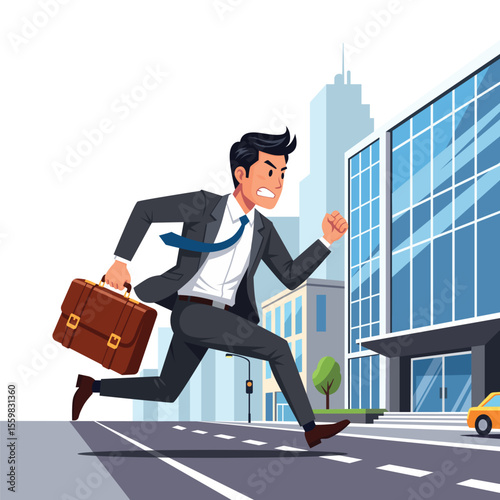 Illustration of businessman running late in office, Concept of overwork, burnout, and anxiety in corporate life