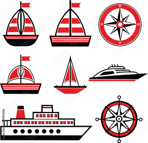 Collection of stylized nautical vessels including sailboats yachts and a ferry alongside compass rose icons representing maritime navigation and sea travel isolated on transparent background